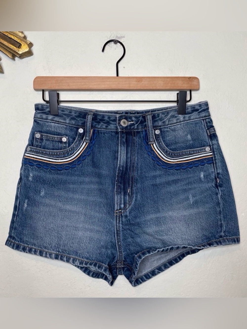 Tularosa High Rise Denim Shorts With Embroidered Pockets